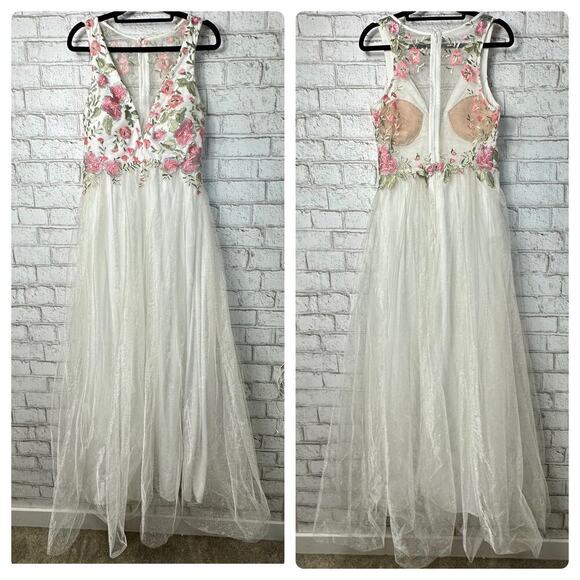 My Michelle Prom Dress Embroidered Tulle Formal Maxi Floral White Pink Green 7 - Picture 2 of 10